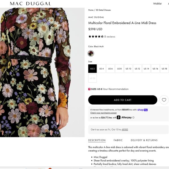 $598 Mac Duggal Womens High Neck Black Floral Embroidery Long Sleeve Midi Dress - Picture 2 of 6